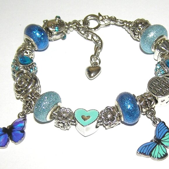 Blue Butterfly Bracelet With European Charms & Beads, Sparkling Crystals NEW - Picture 4 of 4
